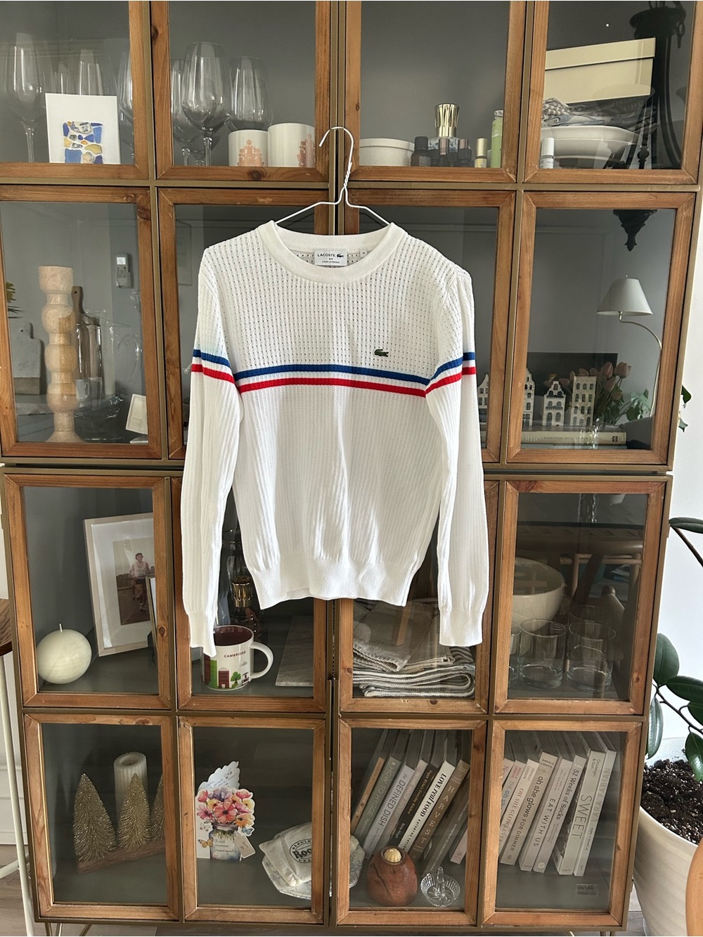 Lacoste White Knit Sweater with Red & Blue Stripes - France